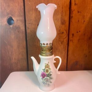 Vintage Floral White Milk Glass Porcelain Oil Lamp